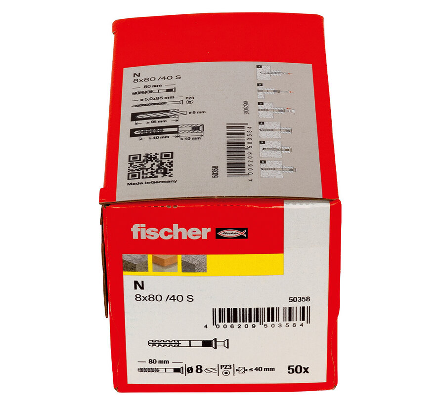 Fischer - N-S - Nagelpluggen/Slagpluggen - 8 x 80mm (50 stuks)