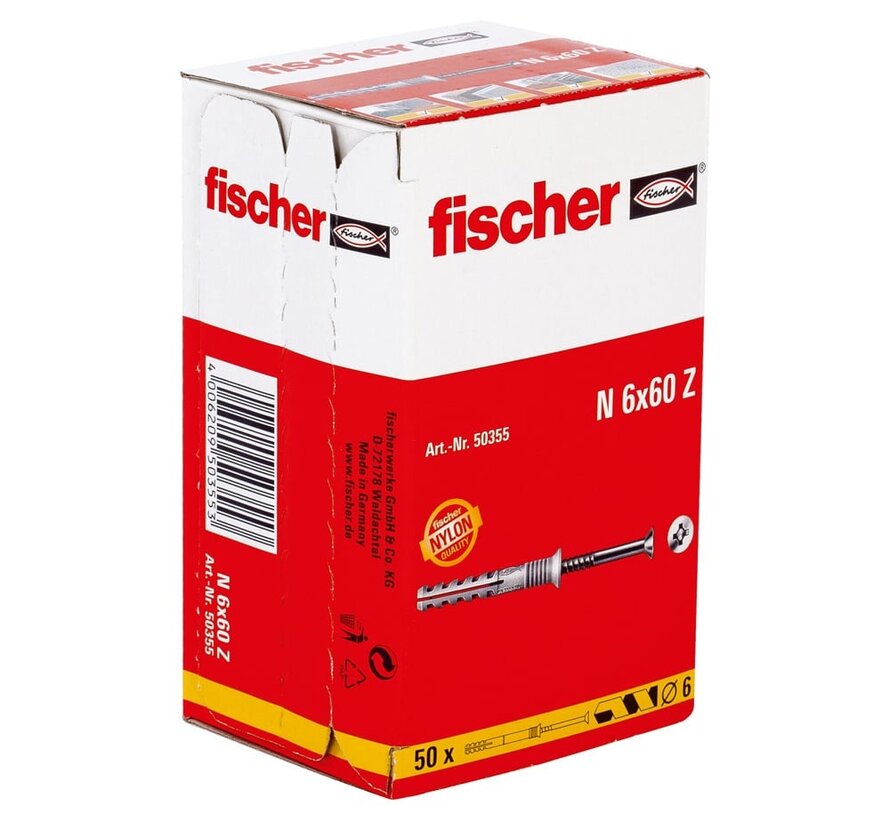 Fischer - N-S - Nagelpluggen/Slagpluggen - 6 x 60mm (50 stuks)