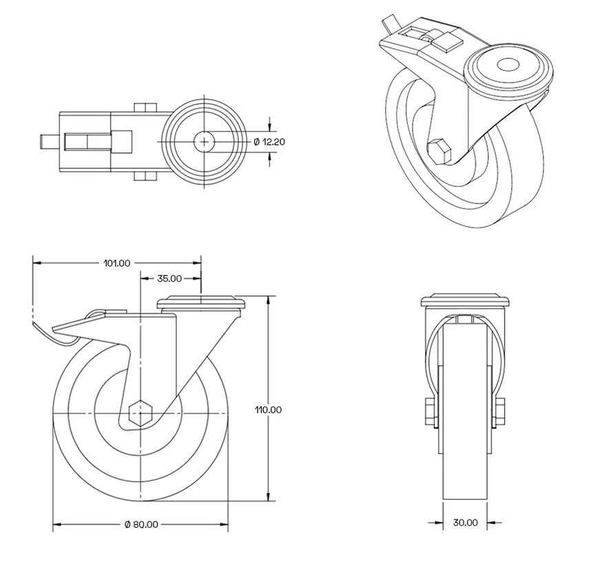 Grijs rubber zwenkwiel geremd met centraal gat - 80mm - 60kg - Streeploos