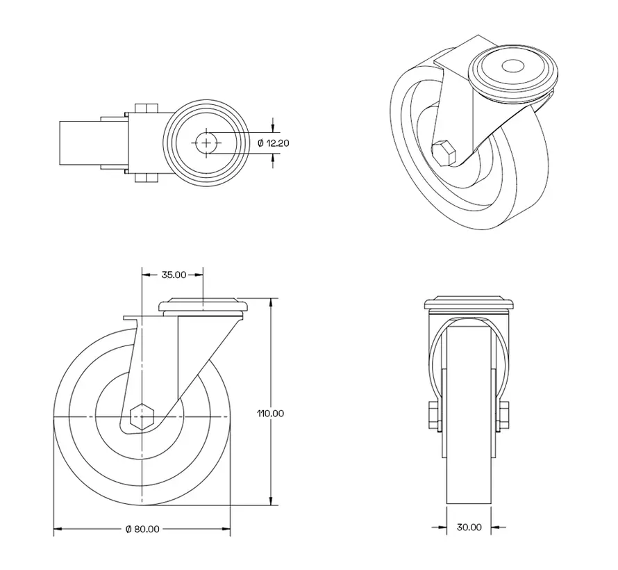 Grijs rubber zwenkwiel met centraal gat - 80mm - 60kg - Streeploos