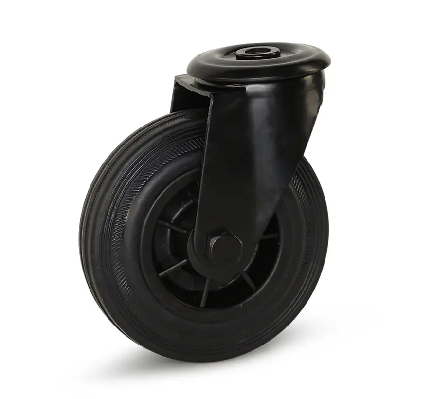 Zwart rubber zwenkwiel met centraal gat - 125mm - 120kg