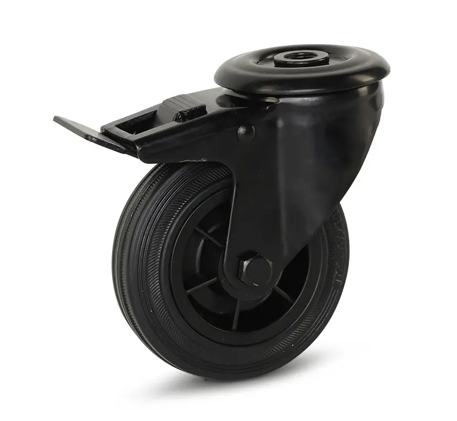 Zwart rubber zwenkwiel geremd met centraal gat - 100mm - 75kg