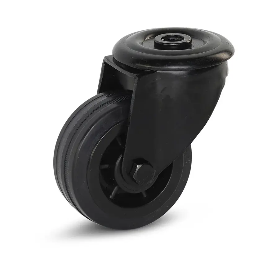 Zwart rubber zwenkwiel met centraal gat - 80mm - 60kg