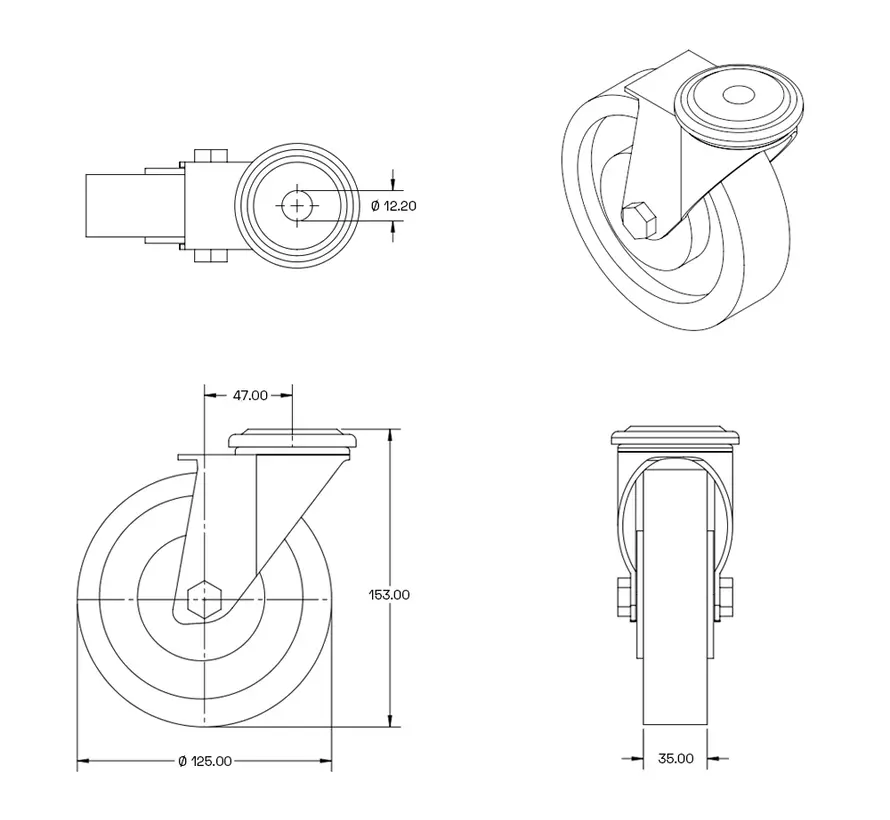 Nylon RVS zwenkwiel met centraal gat - 125mm - 220kg