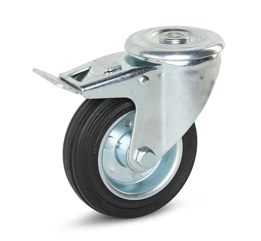 Reukloos rubber zwenkwiel geremd met centraal gat - 100mm - 80kg