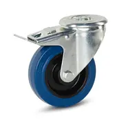 MESO Blauw elastisch rubber zwenkwiel geremd met centraal gat - 100mm - 100kg