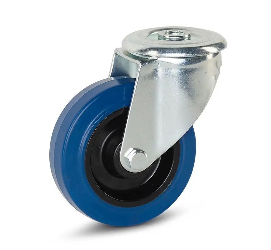 Blauw elastisch rubber zwenkwiel met centraal gat - 100mm - 100kg