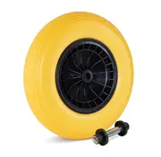 MESO Kruiwagenwiel 400x8 PU plastic geel, Anti lek, plastic velg met rollager, Draagvermogen 200kg, asgat 20mm INCLUSIEF 130mm AS