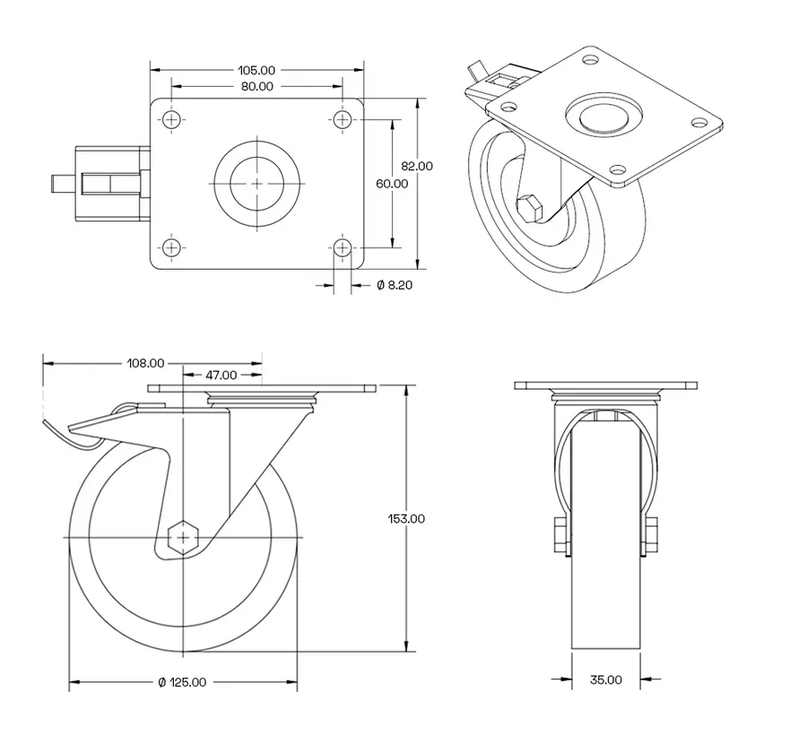 Nylon RVS zwenkwiel geremd met topplaat - 125mm - 220kg