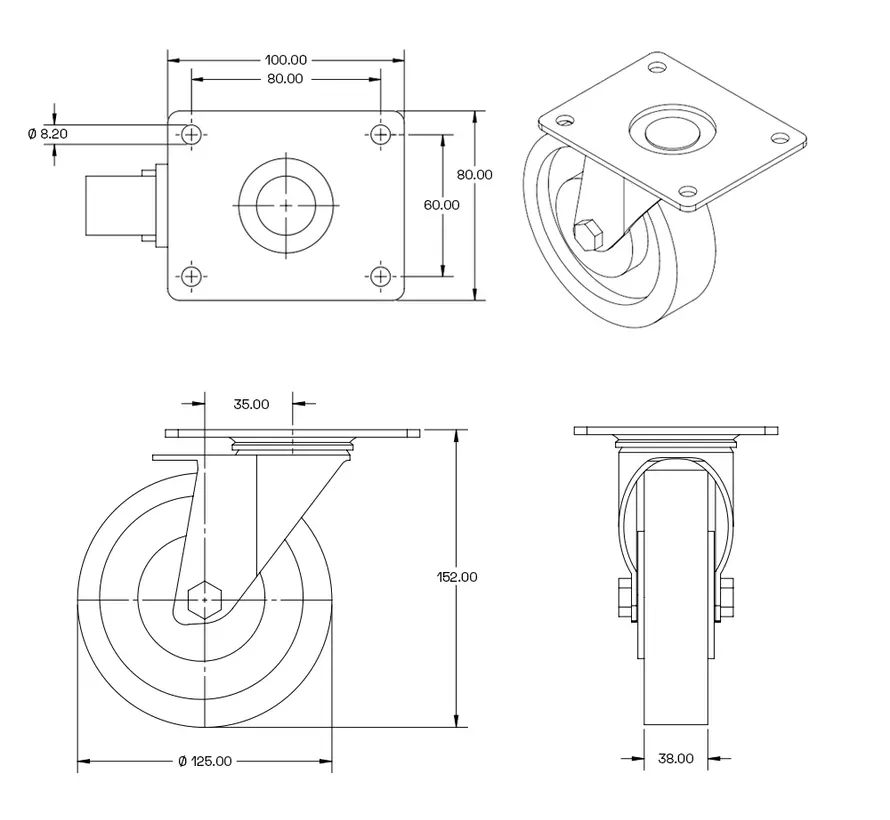 Rubber zwenkwiel met topplaat - 125mm - 120kg