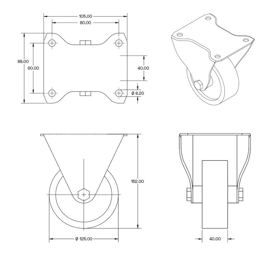 Zwart elastisch rubber bokwiel - 125mm - 300kg