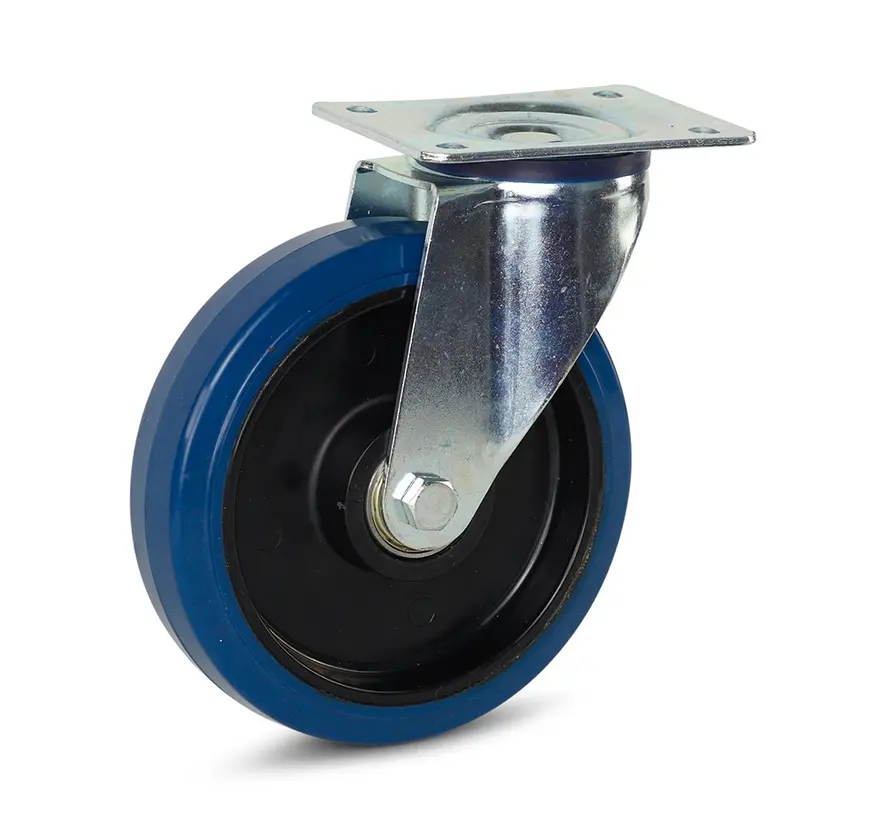 Blauw elastisch rubber zwenkwiel met topplaat - 200mm - 350kg