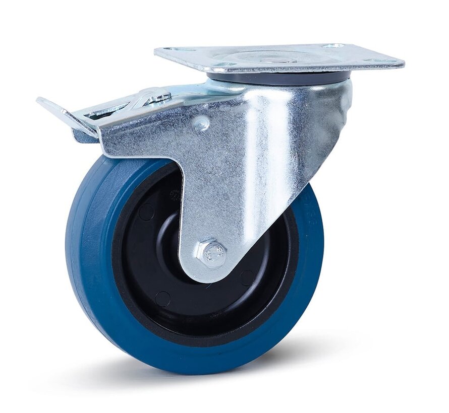 Blauw elastisch rubber zwenkwiel geremd met topplaat - 125mm - 180kg
