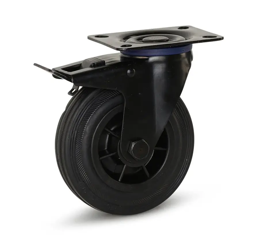 Zwart rubber zwenkwiel geremd met topplaat - 125mm - 120kg