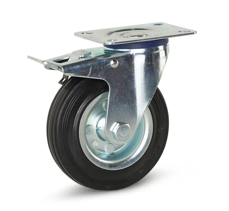 Reukloos rubber zwenkwiel geremd met topplaat - 125mm - 100kg