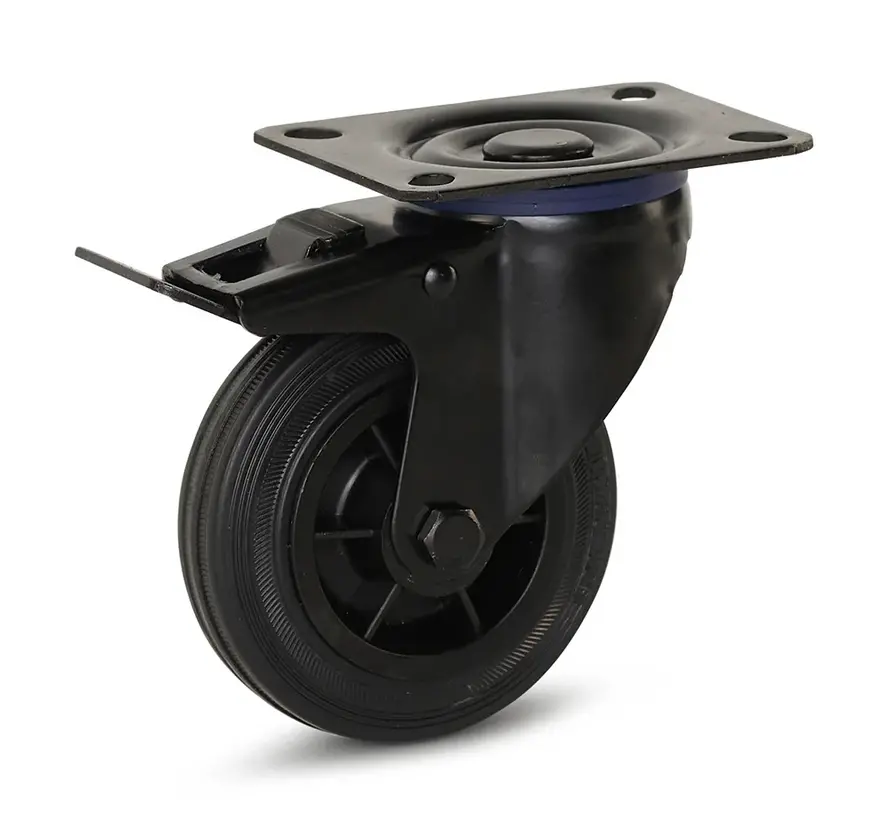 Zwart rubber zwenkwiel geremd met topplaat - 100mm - 75kg