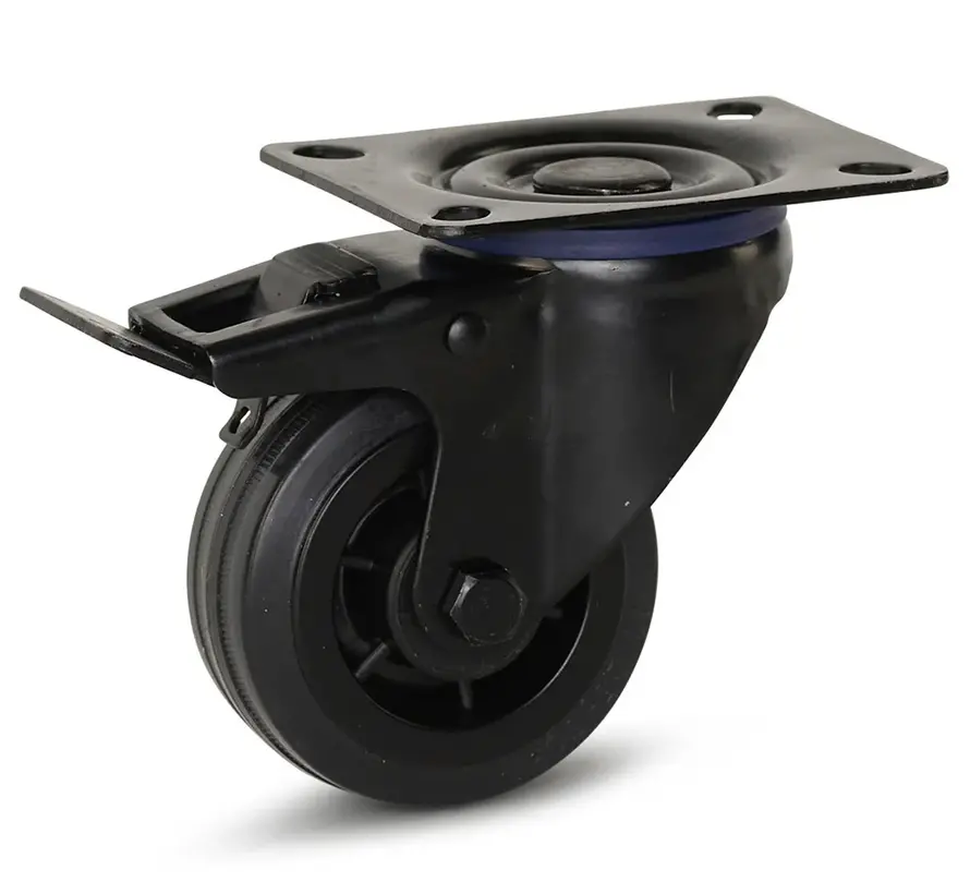 Zwart rubber zwenkwiel geremd met topplaat - 80mm - 60kg