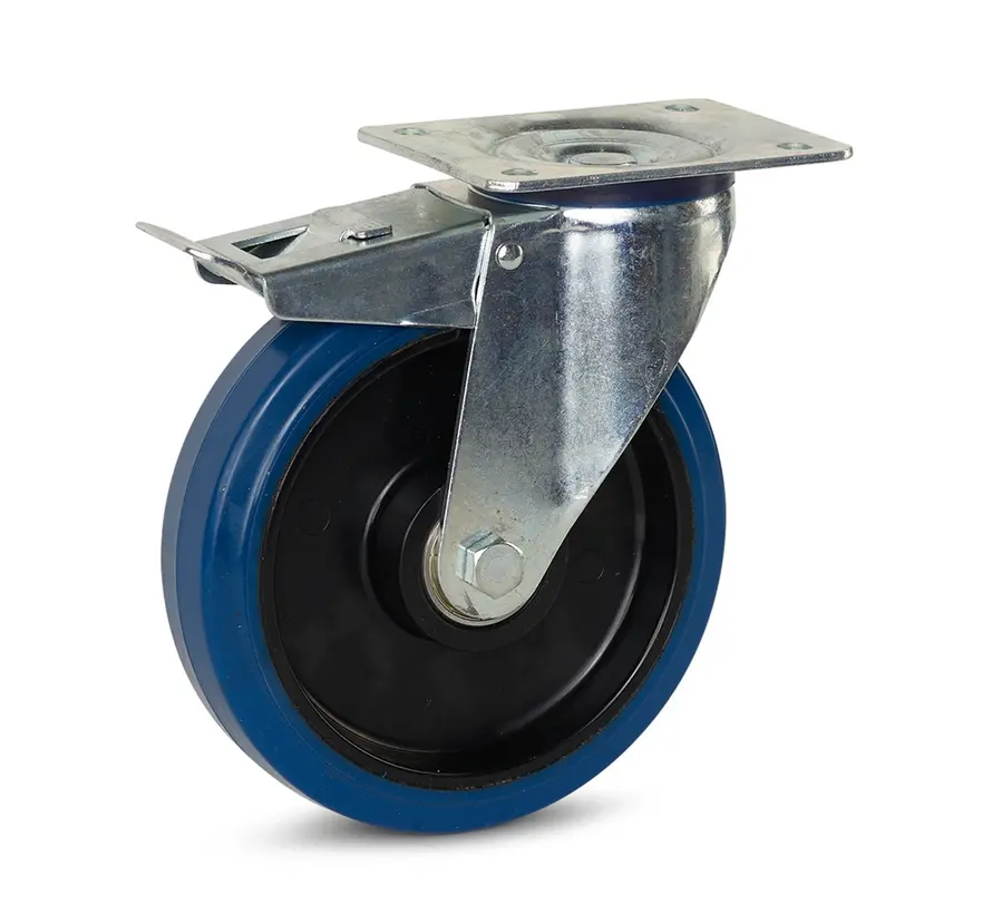 Blauw elastisch rubber zwenkwiel geremd met topplaat - 200mm - 350kg
