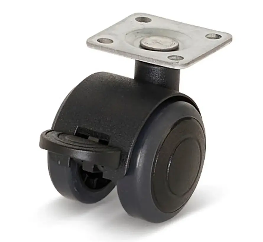 Premium meubelwiel, met kap, 40mm, PU geremd met topplaat 36,5x36,5mm