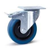 Blauw elastisch rubber zwenkwiel geremd met topplaat - 125mm - 200 kg