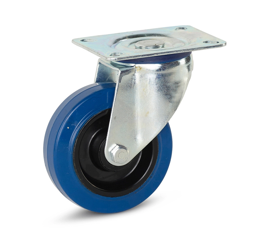 Blauw elastisch rubber zwenkwiel met topplaat - 100mm - 160kg