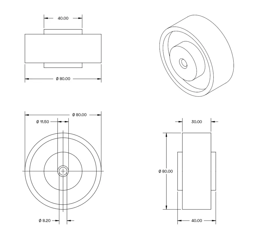 Rubber wiel - 80mm - 60kg