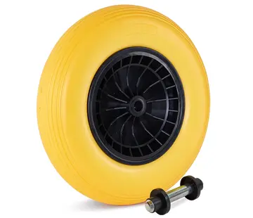 MESO Kruiwagenwiel 400x8 PU plastic geel, Anti lek, plastic velg met rollager, Draagvermogen 200kg, asgat 20mm INCLUSIEF 130mm AS