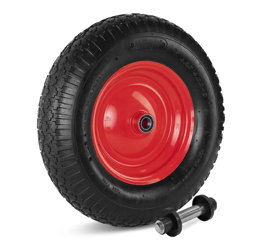Kruiwagenwiel 400x8, luchtband, metalen velg, asgat kogellager 20mm, Draagvermogen 200kg - INCLUSIEF 130mm AS
