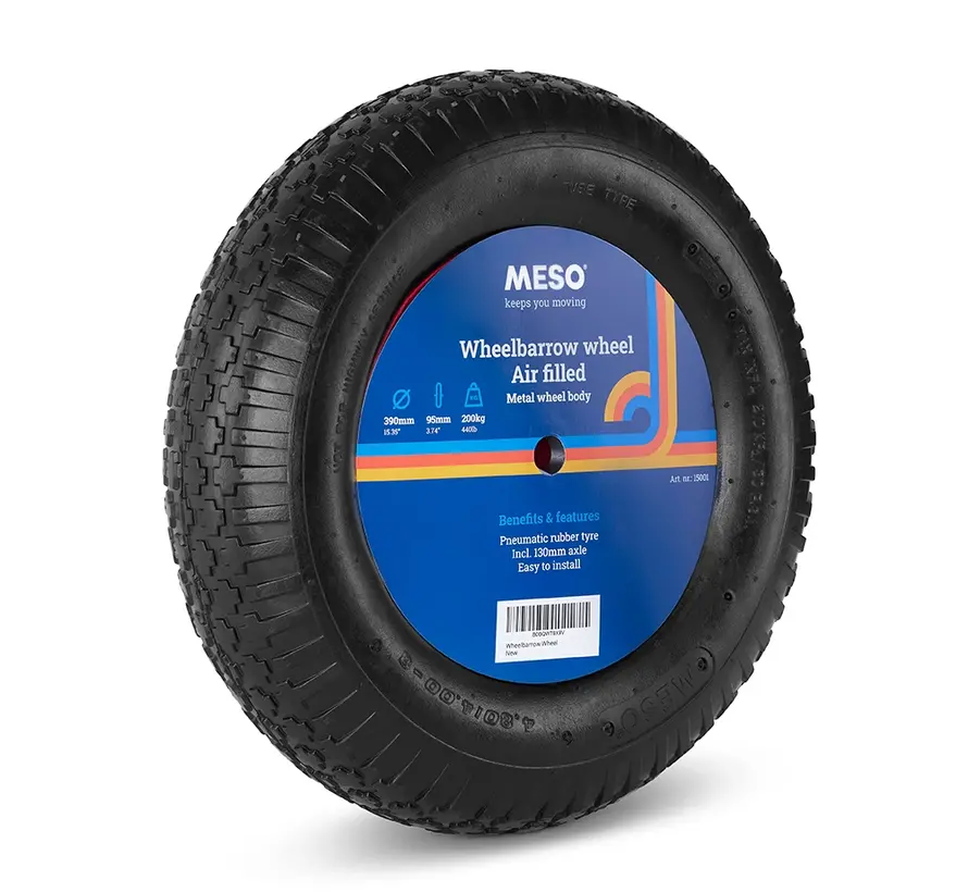 Kruiwagenwiel 400x8, luchtband, metalen velg, asgat kogellager 20mm, Draagvermogen 200kg - INCLUSIEF 130mm AS