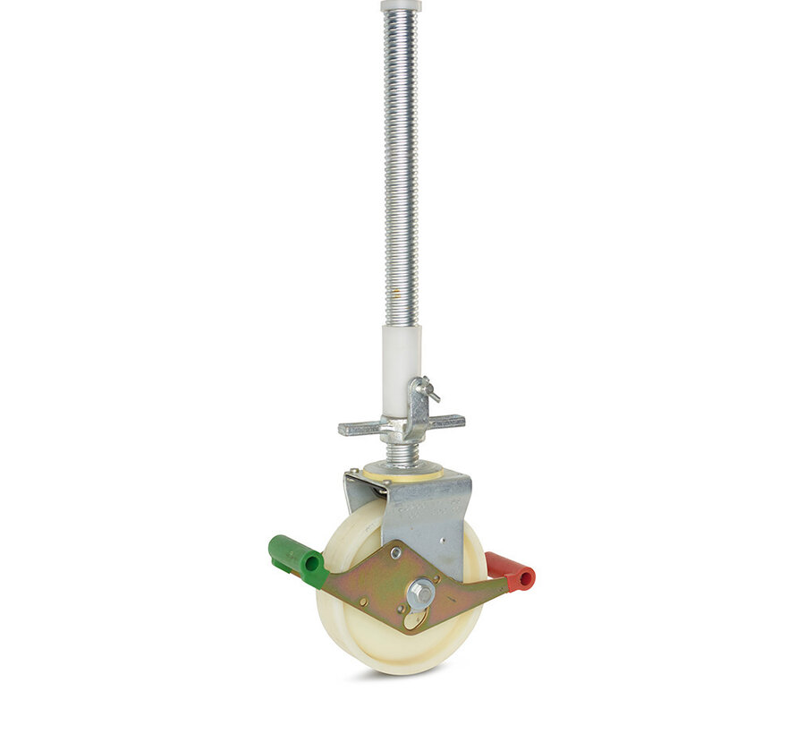 Nylon steigerwiel, 200 mm, 1200 kg, stalen spindel 38mm met plug en tube
