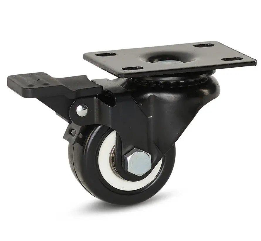 Zwart PU zwenkwiel geremd met topplaat - 50mm - 60kg