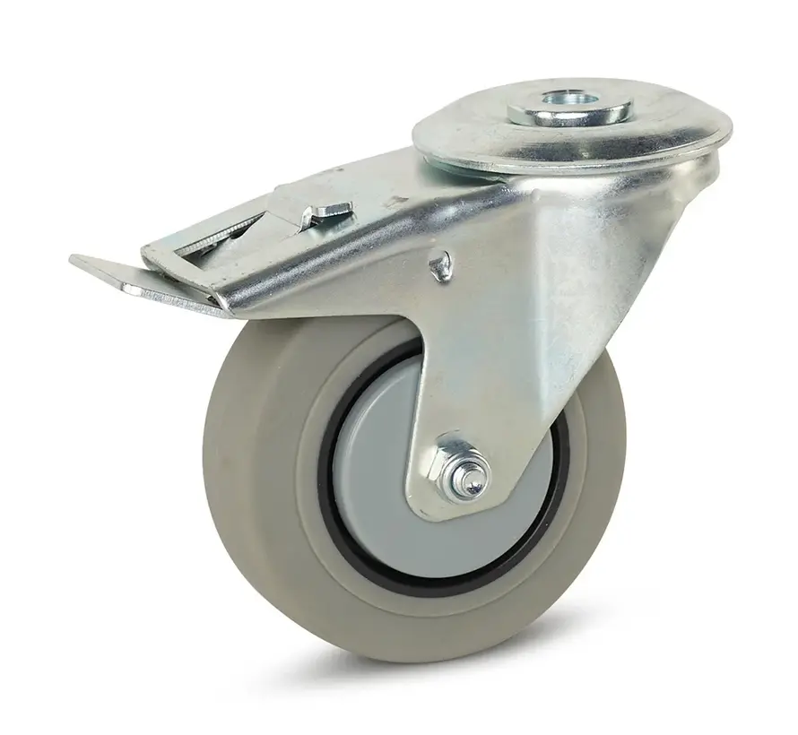 Grijs Rubber zwenkwiel geremd met centraal gat - 100mm - 150kg