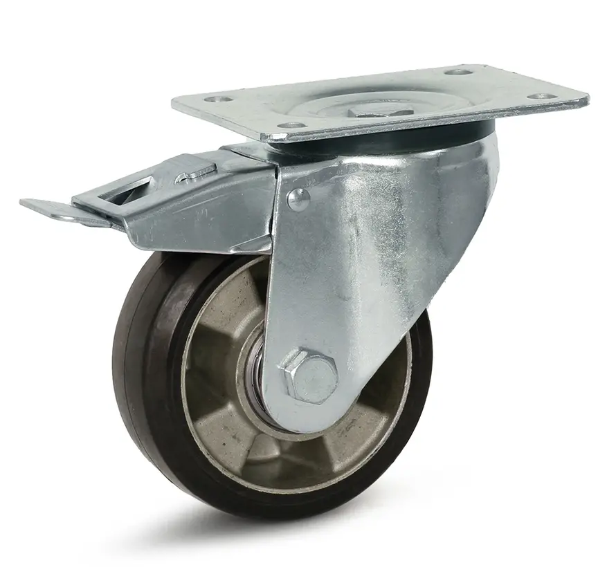 Zwart elastisch rubber zwenkwiel geremd met topplaat - 125mm - 300kg