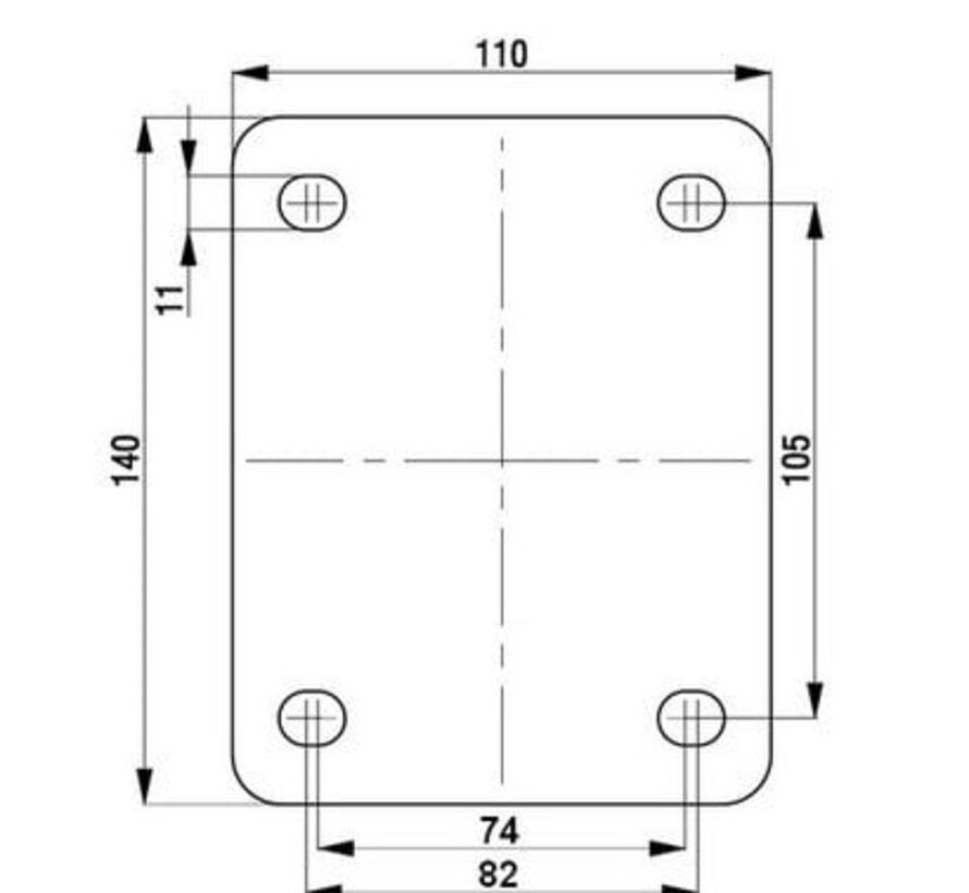 Zwart elastisch rubber zwenkwiel geremd met topplaat - 125mm - 300kg