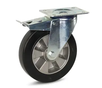 MESO Zwart elastisch rubber zwenkwiel geremd met topplaat - 200mm - 450kg