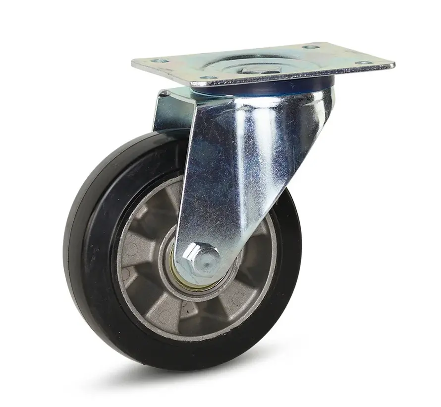 Zwart elastisch rubber zwenkwiel  met topplaat - 150mm - 330kg
