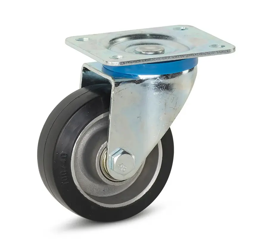 Zwart elastisch rubber zwenkwiel met topplaat - 100mm - 220kg