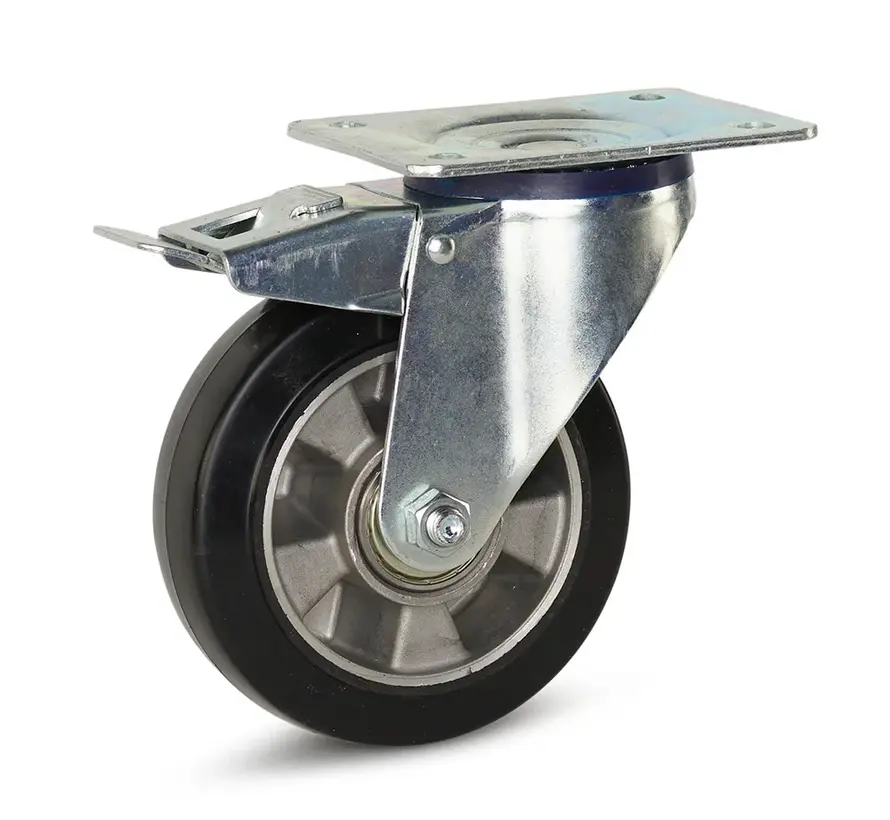 Zwart elastisch rubber zwenkwiel geremd met topplaat - 150mm - 330kg