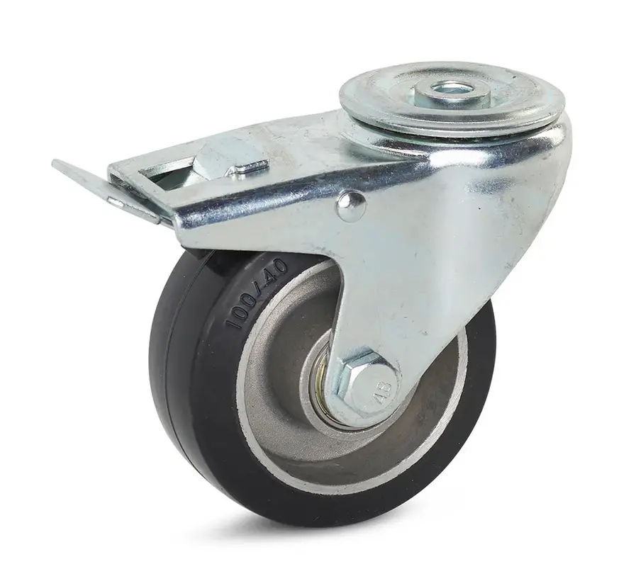 Zwart elastisch rubber zwenkwiel geremd met centraal gat - 100mm - 220kg