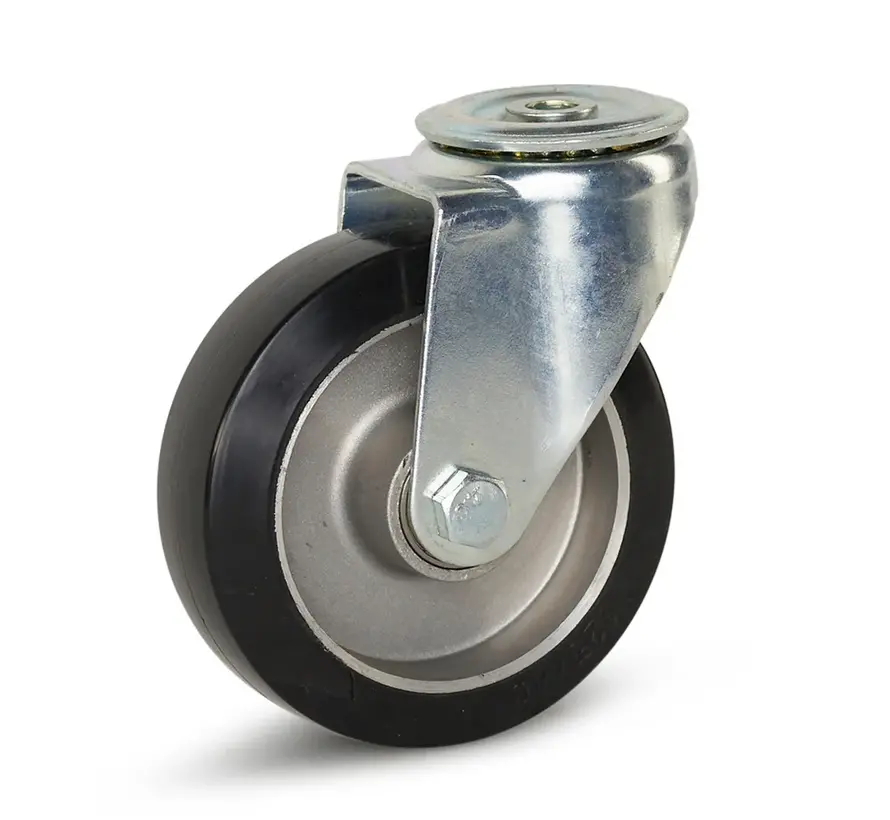 Zwart elastisch rubber zwenkwiel 125mm met centraal gat - 300kg