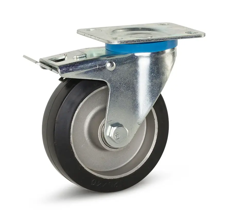 Zwart elastisch rubber zwenkwiel geremd met topplaat - 125mm - 300kg