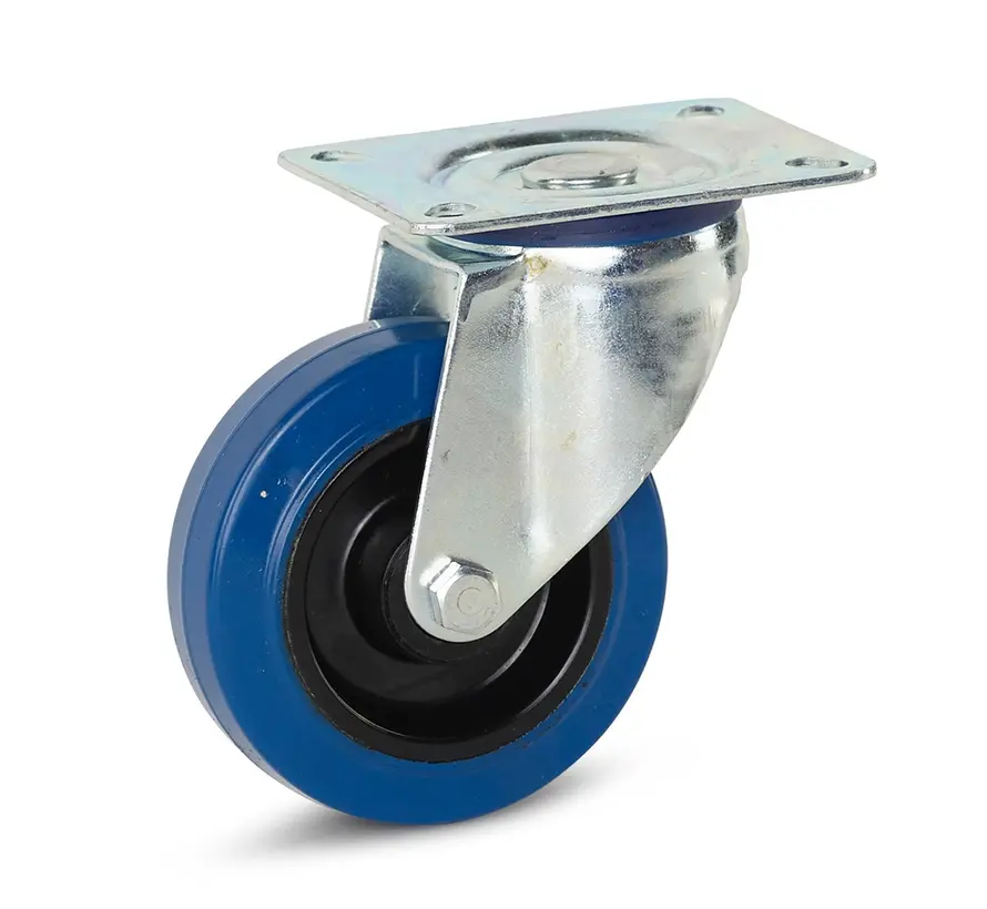 Blauw elastisch rubber zwenkwiel met topplaat - 100mm - 130kg