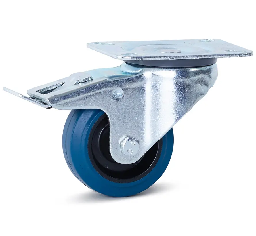 Blauw elastisch rubber zwenkwiel geremd met topplaat -80mm - 100kg