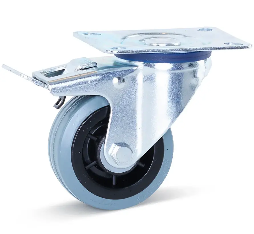Grijs rubber zwenkwiel geremd met topplaat - 80mm - 60kg - Streeploos