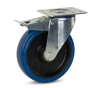 MESO Blauw elastisch rubber zwenkwiel geremd met topplaat - 200mm - 350kg