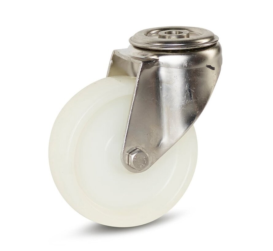 Nylon RVS zwenkwiel met centraal gat - 100mm - 180kg