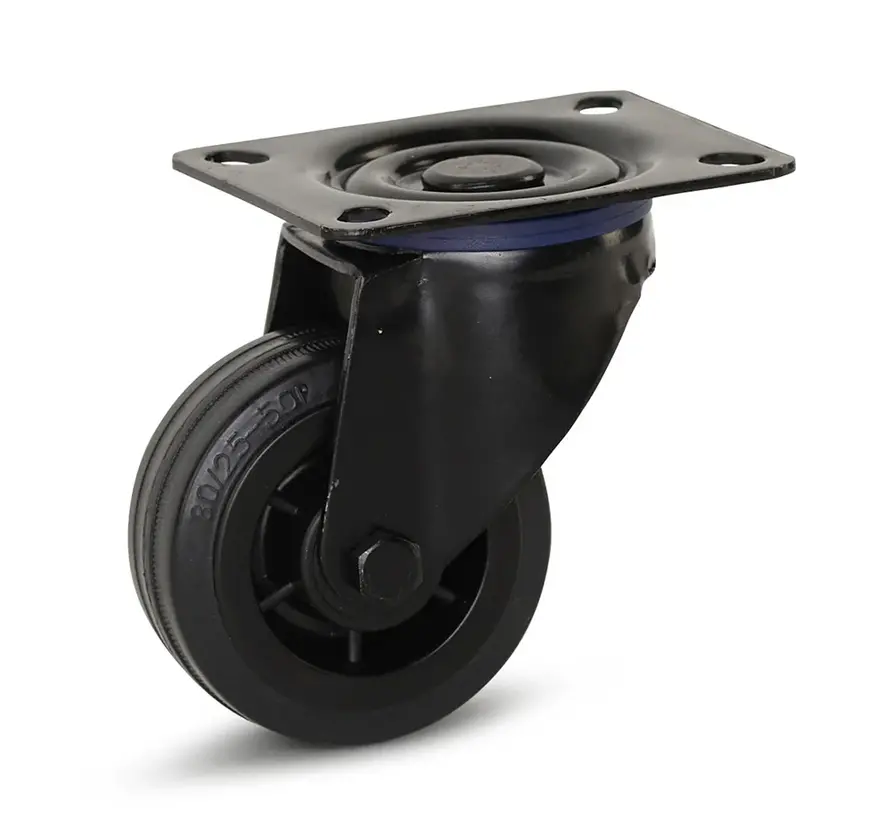 Zwart rubber zwenkwiel met topplaat - 80mm - 60kg