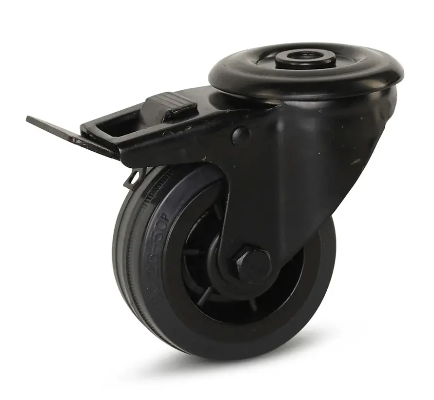 Zwart rubber zwenkwiel geremd met centraal gat - 80mm - 60kg