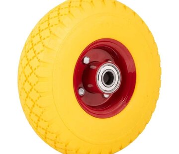 MESO Steekwagenwiel / Bolderkarwiel 3.00-4  - Anti lek (PU)  Metalen Velg, Geel/Rood - Kogellager, Draagvermogen 125kg. -