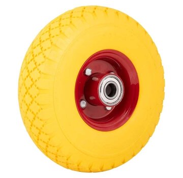MESO Steekwagenwiel / Bolderkarwiel 3.00-4  - Anti lek (PU)  Metalen Velg, Geel/Rood - Kogellager, Draagvermogen 125kg. -